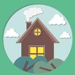 Cozy Wooden House Green Trees Cutted Paper Effect Illustration