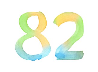 Watercolor numbers, hand-drawn by brush. Multicolor vintage symbol. Template for greetings, design, postcards, decoration.