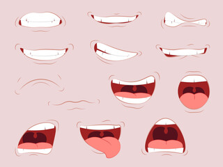 Lips with a variety of emotions. Cartoon cute mouth expressions facial gestures set with pouting lips smiling sticking out tongue