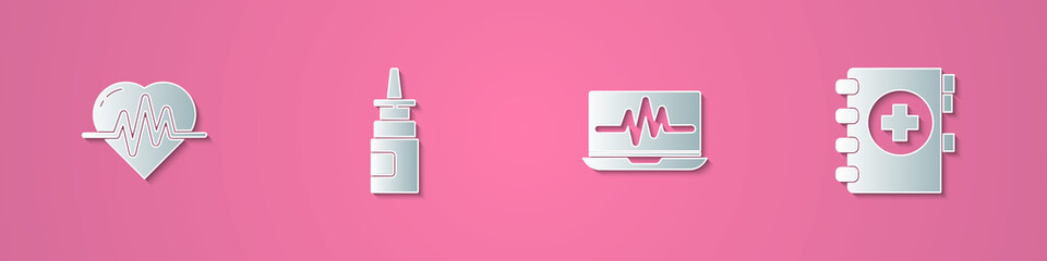 Set paper cut Heart rate, Bottle nasal spray, Laptop with cardiogram and Medical clipboard icon. Paper art style. Vector.