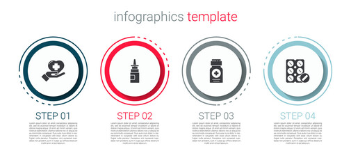 Set Heart with a cross, Bottle nasal spray, Medicine bottle and Pills blister pack. Business infographic template. Vector.