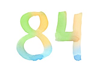 Watercolor numbers, hand-drawn by brush. Multicolor vintage symbol. Template for greetings, design, postcards, decoration.