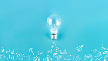 Light bulbs on blue background, Business success, innovation and solution concept