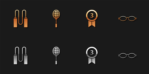 Set Jump rope, Tennis racket, Medal and Glasses for swimming icon. Vector.