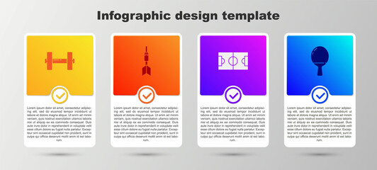 Set Dumbbell, Dart arrow, Football or soccer field and Racket for playing table tennis. Business infographic template. Vector.