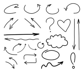 Doodle style hand drawn vector black arrows set