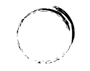 Round grunge frame isolated on white background. Black circle ink border.
