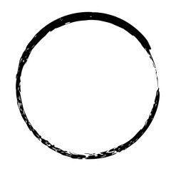 Round grunge frame isolated on white background. Black circle ink border.