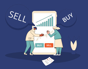 Retail investors. People near a phone screen with graph of shares rally. Investment concept. Stock market rally. Minor shareholders getting money. Vector flat illustration.