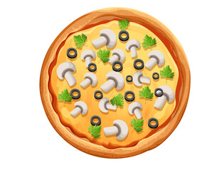 Tasty pizza with olive herbs mushrooms and cheese Italian fast food meal vector illustration isolated on white background