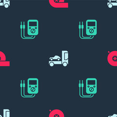 Set Automotive turbocharger, Car transporter truck and Multimeter on seamless pattern. Vector.