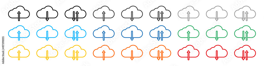 Poster set of download and upload icons. colored clouds, loading. cloud and arrow. vector illustration.