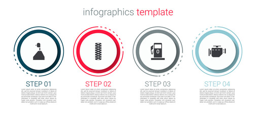 Set Gear shifter, Car tire wheel, Petrol or Gas station and Check engine. Business infographic template. Vector.