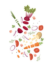 Sliced vegetables with beet potato and carrot colored food icons for cooking vector illustration isolated on white background