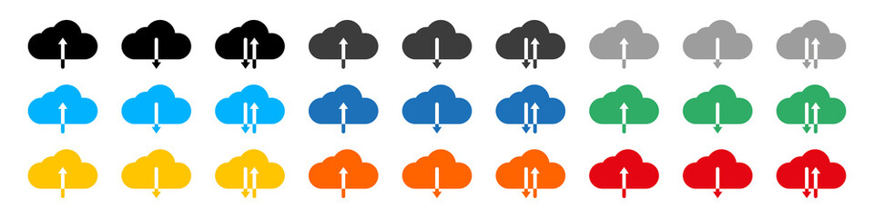 Obraz premium Set of download and upload icons. Colored clouds, loading. Cloud and arrow. Vector illustration.