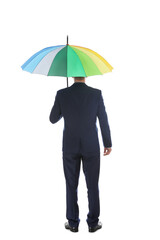 Businessman with rainbow umbrella on white background