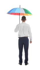 Businessman with rainbow umbrella on white background, back view