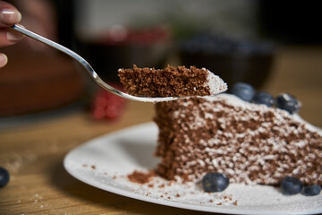 Tasting a slice of chocolate cake with a fork. Homemade dark chocolate dessert is fresh from the oven and decorated with melted chocolate glaze, powdered white sugar, red currants and blueberries