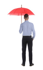 Businessman with red umbrella on white background, back view
