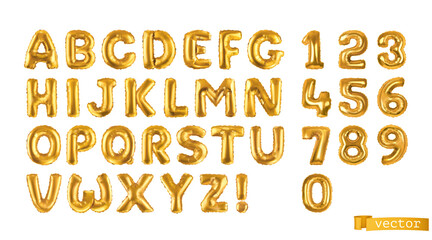 Gold balloons, alphabet letters and numbers. 3d vector realistic symbols. Festive decorations set - 417391020