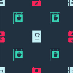 Set Coffee and conversation, book and Street signboard coffee on seamless pattern. Vector.