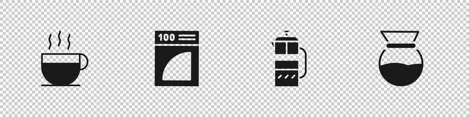 Set Coffee cup, paper filter, French press and Pour over coffee maker icon. Vector.