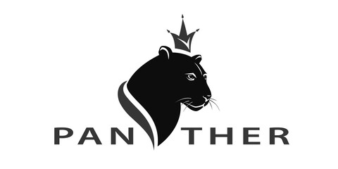 Silhouette of Black Panther. Elegant Crown on the Head. Luxury Logo. Creative Art Design. Emblem of Graceful Wild Animal for Brand Name, Fitness, Sports Club, Printing on Clothing. Vector Illustration