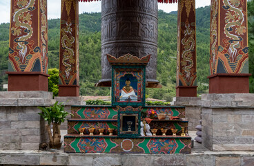 buddhist temple with huge prayer wheel in Timphu, Bhutan