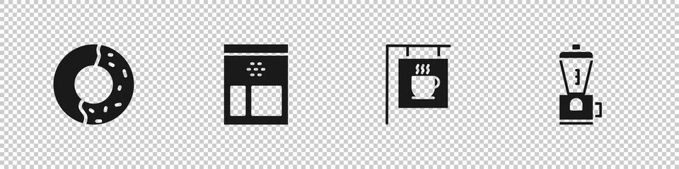 Set Donut with sweet glaze, Bag of coffee beans, Street signboard and Electric grinder icon. Vector.