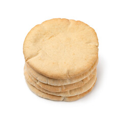 Stack of fresh baked pita bread isolated on white background