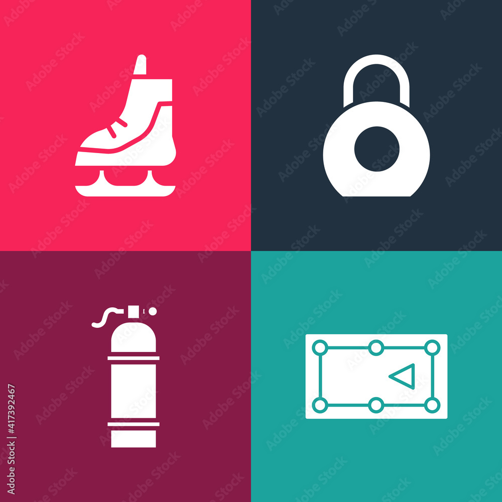 Poster Set pop art Billiard table, Aqualung, Kettlebell and Skates icon. Vector.