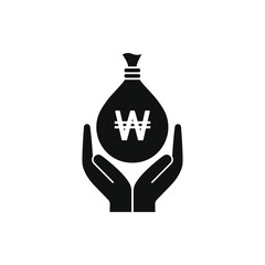Korean won money bag on hands icon isolated on white background. Vector illustration