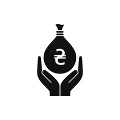 Hryvnia money bag on hands icon isolated on white background. Vector illustration