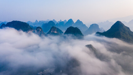 Guilin,Guangxi,China karst mountains on the Li River.Aerial view.