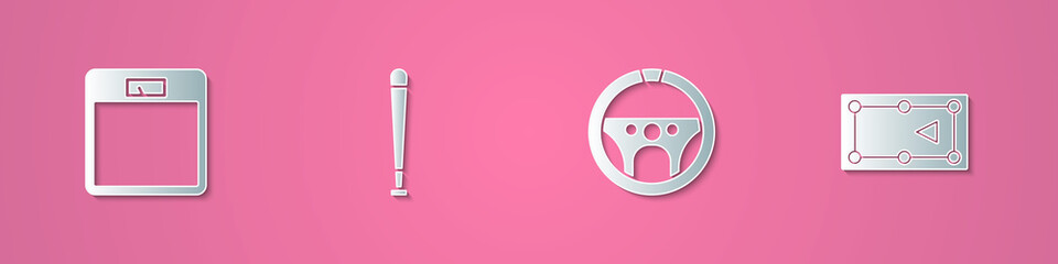 Set paper cut Bathroom scales, Baseball bat, Steering wheel and Billiard table icon. Paper art style. Vector.