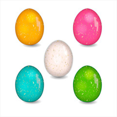 Set of Easter eggs.Colored elements with glitter texture isolated on white background.Decorative design can be used for setting cards,banners,posters etc.Vector illustration.
