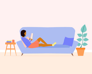 Young black skin woman laying on the sofa and reading book at home. Self education, distance studying, relaxing concept. Modern vector illustration in cartoon flat style