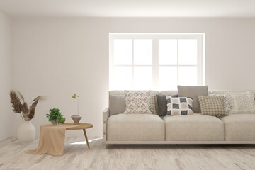 White living room with sofa. Scandinavian interior design. 3D illustration