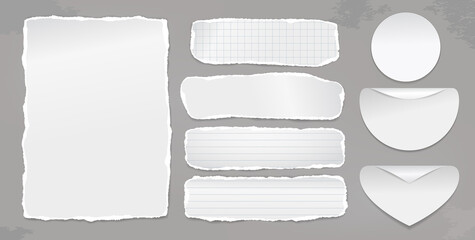 Set of torn white, lined note, notebook paper pieces with folded corners stuck on dark stained background. Vector illustration