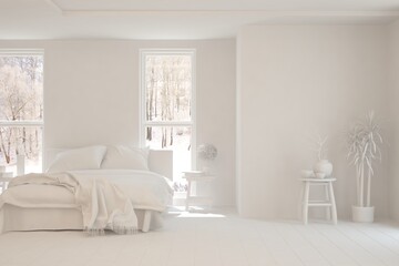 Modern bedroom in white color. Scandinavian interior design. 3D illustration