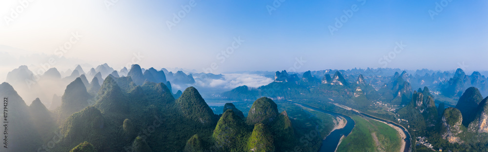 Wall mural Guilin,Guangxi,China karst mountains on the Li River.Aerial view.