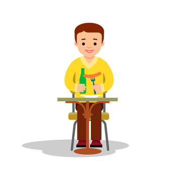 Man eating sausage and beer. Boy sits at the table and holds in hands a bottle and a snack. A Guy at lunch at the cafe. Flat isolated illustration on a white background. Color image