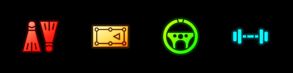 Set Rubber flippers for swimming, Billiard table, Steering wheel and Dumbbell icon. Vector.