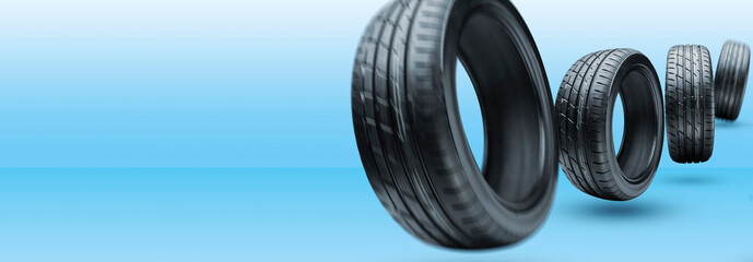 summer tires are rolling. blue background mockup. to advertise a tire store or business