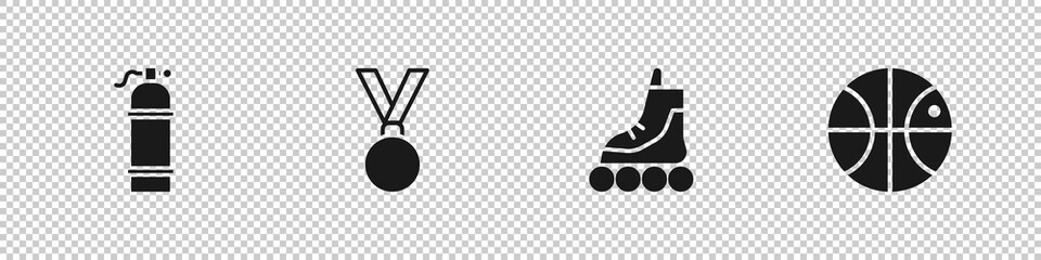Set Aqualung, Medal, Roller skate and Basketball ball icon. Vector.