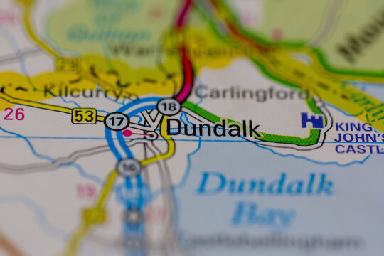02-28-2021 Portsmouth, Hampshire, UK Dundalk Shown on a road map or Geography map