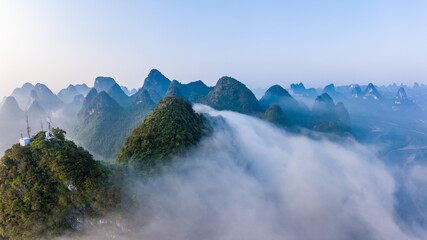 Guilin,Guangxi,China karst mountains on the Li River.Aerial view.