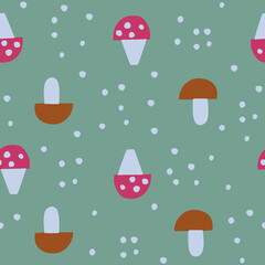 Seamless vector pattern. Fly and white mushrooms. Harvest. Simple shapes. For paper, cover, fabric or gift wrap. Vector illustration