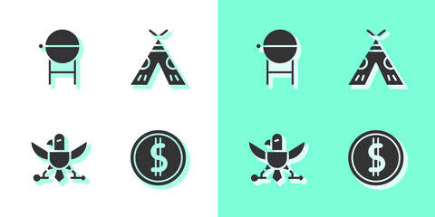 Set Coin money with dollar, Barbecue grill, Eagle and Indian teepee or wigwam icon. Vector. © Kostiantyn