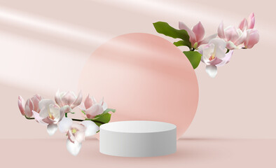 Obraz na płótnie Canvas Magnolia branches vernal flower tree blossom and 3d pink scene rendering with podium.